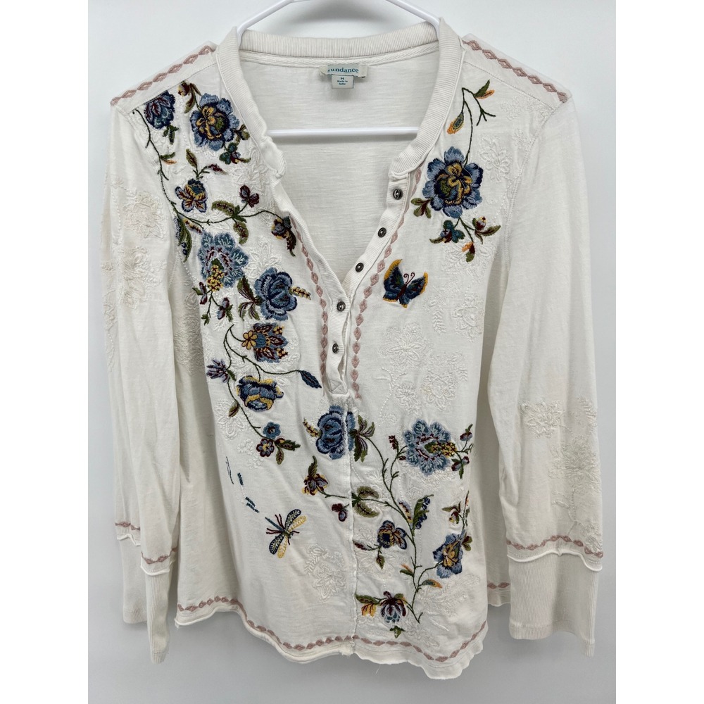 Sundance Women M Henley Top Floral Embroidered Shirt White Butterfly Dragonfly